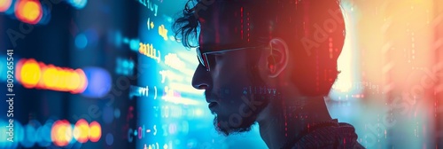 A man is looking at a computer screen with a blurry background. Concept of focus and concentration as the man stares at the screen