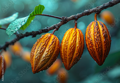 Cocoa Fruits hanging on tree Fresh cocoa pod cut exposing cocoa seeds with green leaves and water drops