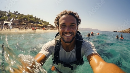 Joyful Man Taking Selfie While Swimming in the Sea With a GoPro