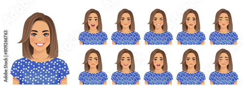 Young beautiful woman different facial expressions set isolated vector illustration