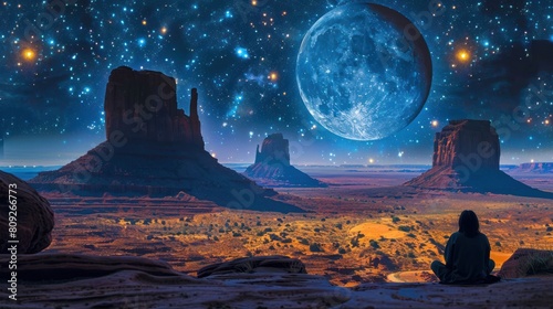 beautiful landscape photo Beautiful classic panoramic view of Monument Valley with the famous Mittens and Merrick Butte illuminated by beautiful mystical moonlight on a starry summer night, Arizona