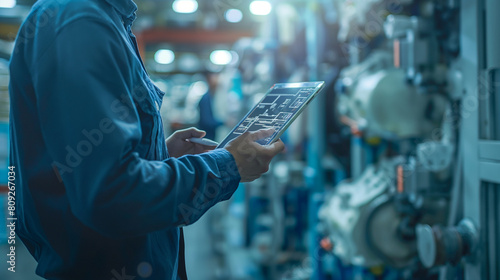 An engineer reviewing digital schematics on a tablet at waist height, showcasing the precision of modern engineering.