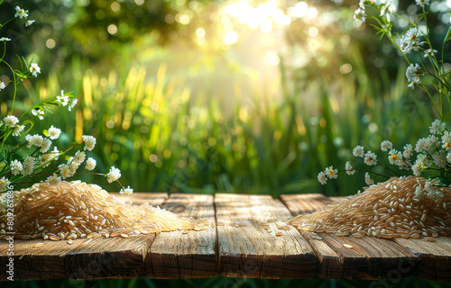 Jasmine rice and white flowers on old wooden table with the morning sun
