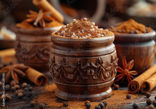 Cinnamon sticks anise stars cloves nutmeg and brown sugar in wooden bowls on rustic background