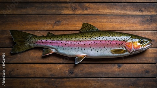 Rainbow trout on the wooden table, top view