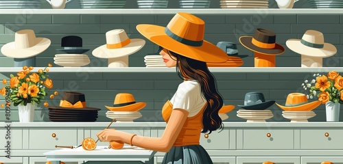 a milliner female designing fashionable hats, 2d, flat, illustration, solid color.