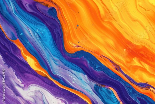 A colorful painting with blue, orange, and purple colors. The painting has a lot of different colors and looks like it's made up of different brush strokes