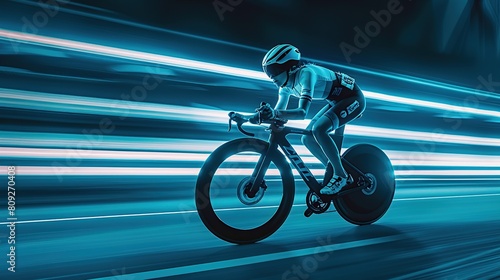 A bicycle racer is riding a bicycle on a race track with a blurred background.