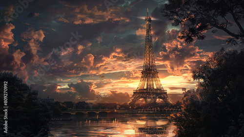 Eiffel Tower in Paris at sunset, France.