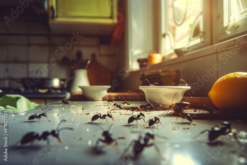 A warm-hued kitchen forms the backdrop for ants exploring a countertop, highlighting untidiness and pest presence