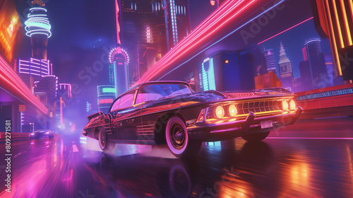 Classic Car Cruising Through Neon Lit Cyberpunk City