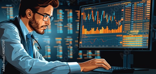 a stockbroker male analyzing financial markets on computer, 2d, flat, illustration, solid color.