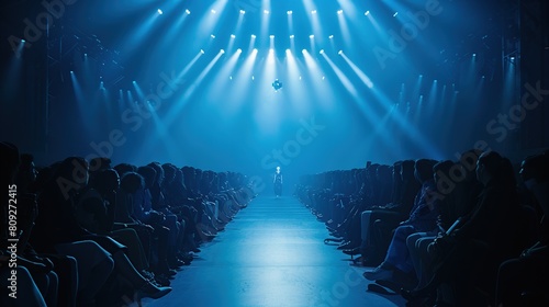 A runway show with a large audience watching. The audience is seated in rows and the stage is lit up with bright lights.