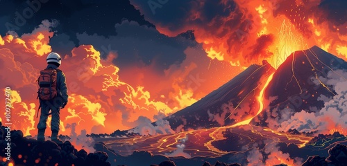 a volcanologist male studying active volcanoes, 2d, flat, illustration, solid color.