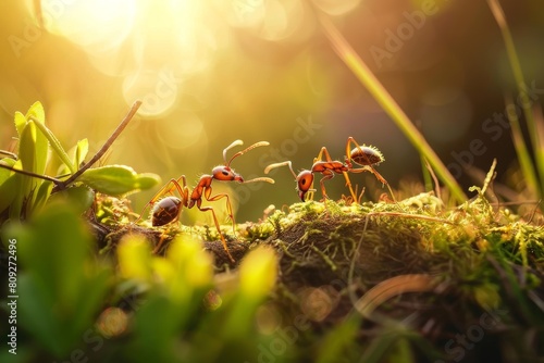 Ants walking on moss illuminated by a warm sunset Perfect scene displaying teamwork and adventure in nature