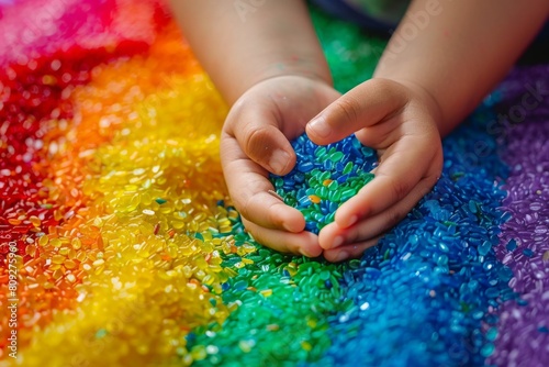 Child's hands gently holding colorful water beads in a sensory play activity. Educational concept promoting fine motor skill development and sensory exploration in early childhood. Generative AI