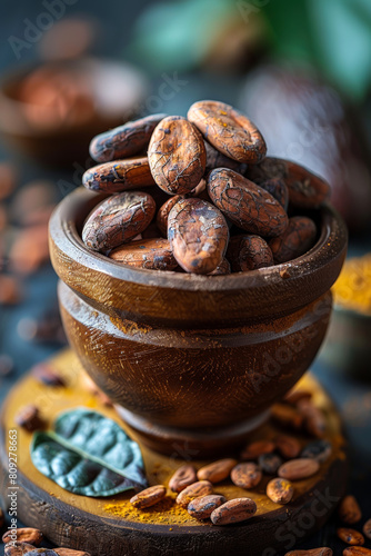Roasted cocoa beans in wooden bowl. A health benefits of cocoa beans