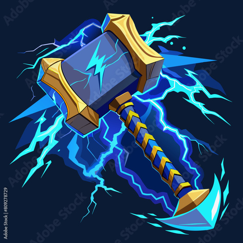 Thor hammer with blue lightning. Fantasy concept. Norse saga. Isolated