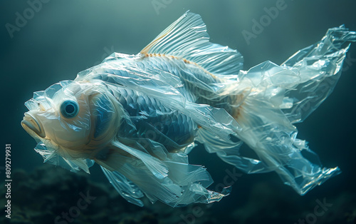 Plastic pollution concept. Fish swims in plastic bag in the ocean.