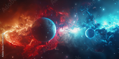 Space concept background. Sci-fi fantastic cosmic horizontal poster. Amazing cosmic wallpaper. Raster bitmap digital illustration. AI artwork.