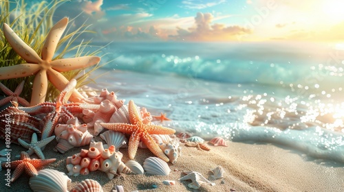 Starfish and Seashells on Sandy Beach at Sunset