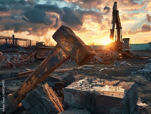 A dramatic image of a weathered brick hammer illuminated by the early morning sun, set against a backdrop of heavy construction machinery at rest