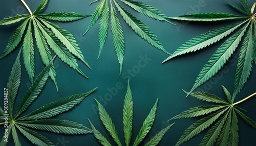 high angle view of marijuana leaves with copy space