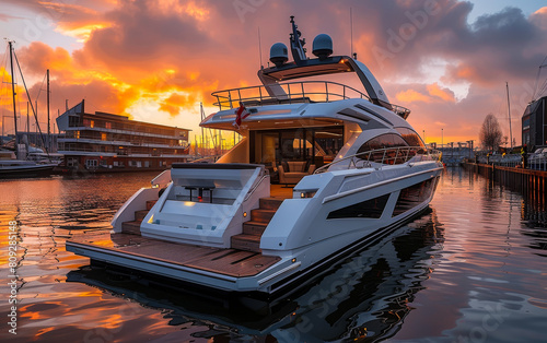 Luxury yacht docked in the harbor at sunset