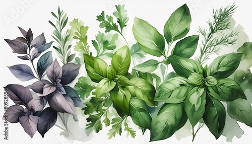watercolor painting of italian herbs on white background