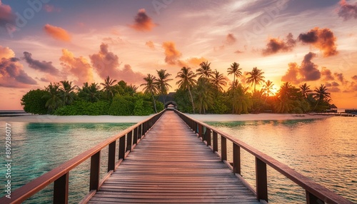 scenic view of colorful pier sunset at the maldives island stunning lighting imagery background ai genrated
