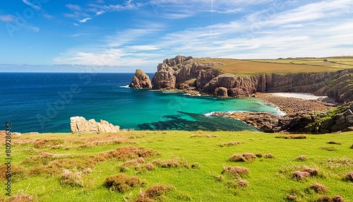 coastal meadow overlooking rugged cliffs and turquoise sea