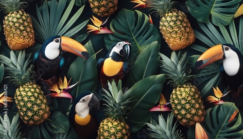 floral seamless pattern tropical birds flowers fruits leaves on black background pineapple parrots toucans
