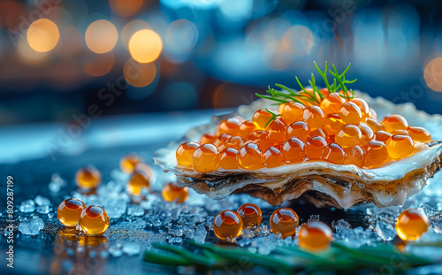Red caviar in the shell and fresh salmon on ice