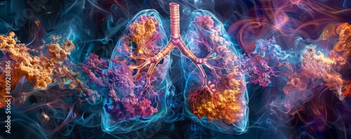 An exaggerated depiction of fibrotic transformation in an animal lung, with exaggerated and vibrant colors