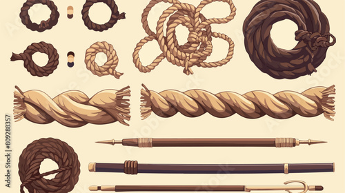 Set of realistic vector brown ropes and knots brush
