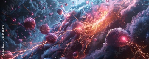 A conceptual artwork of a cancer treatment depicted as a storm, with lightning striking and dissipating the dark clouds of tumors