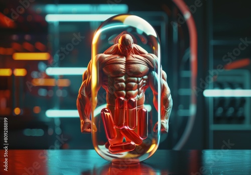 3D illustration of natural bodybuilding supplement with muscle biceps, pharmaceutical pill, and sport nutrition elements