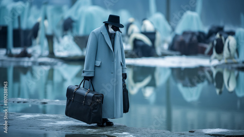chic penguin in a tailored trench coat, complete with a bowler hat and a briefcase.