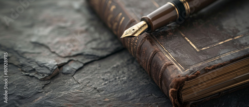 Old leather journal and fountain pen on a stone surface, symbolizing timeless writing traditions