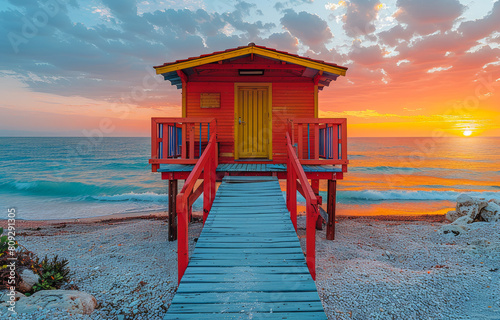Colorful lifeguard station sits on the beach at sunset