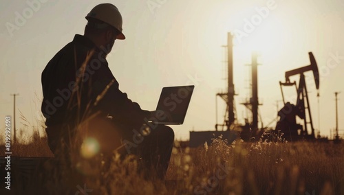an oil and gas worker in the field working on his laptop, against a background with a pump organist, on a sunny day with bright light and high contrast Generative AI