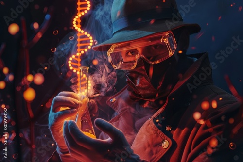 Enigmatic Scientist in Gas Mask Handling Chemicals with DNA Structure Visualization in Lab
