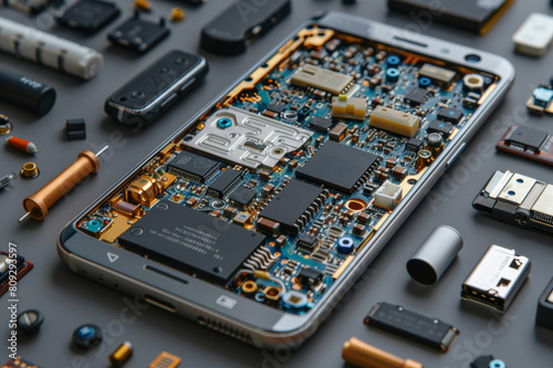 Smartphone disassembled to reveal plastic components and circuitry inside. AI generated.