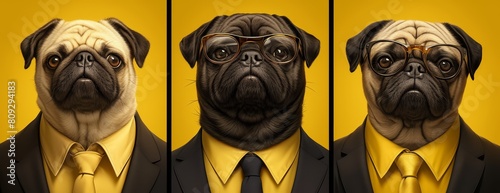 Three pugs in suits and glasses on an isolated yellow background, dressed as real people with different professional contrasting looks. A portrait of funny dogs posing like businesspeople.