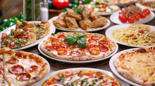Full table of italian meals on plates Pizza. Generative Ai