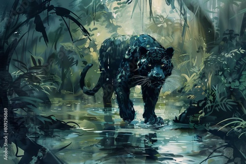 fierce panther prowling through misty jungle stream digital painting