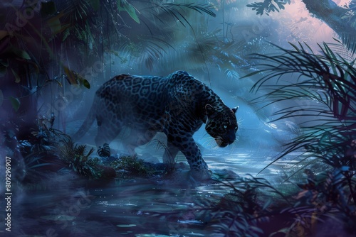 fierce panther prowling through misty jungle stream digital painting