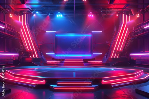 futuristic arena stage with lighting and displays for esports gaming tournament competitive gaming illustration