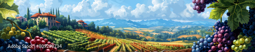Grapes vineyard grapevines in the foreground and a classic villa among rolling hills generative ai vector illustration.