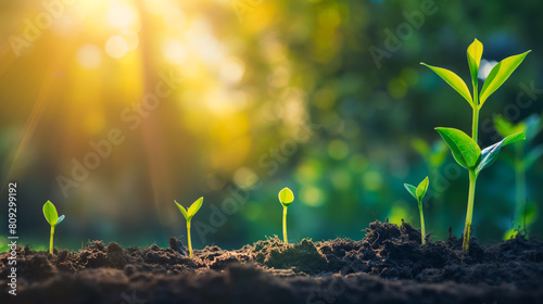 Young agriculture plant seeding growing step concept in garden and sunlight